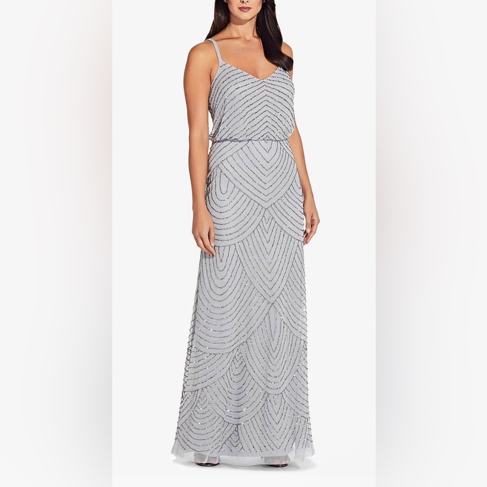 Adrianna Papell NEW Silver & Light Grey Beaded Sequin V Neck Maxi Dress 18